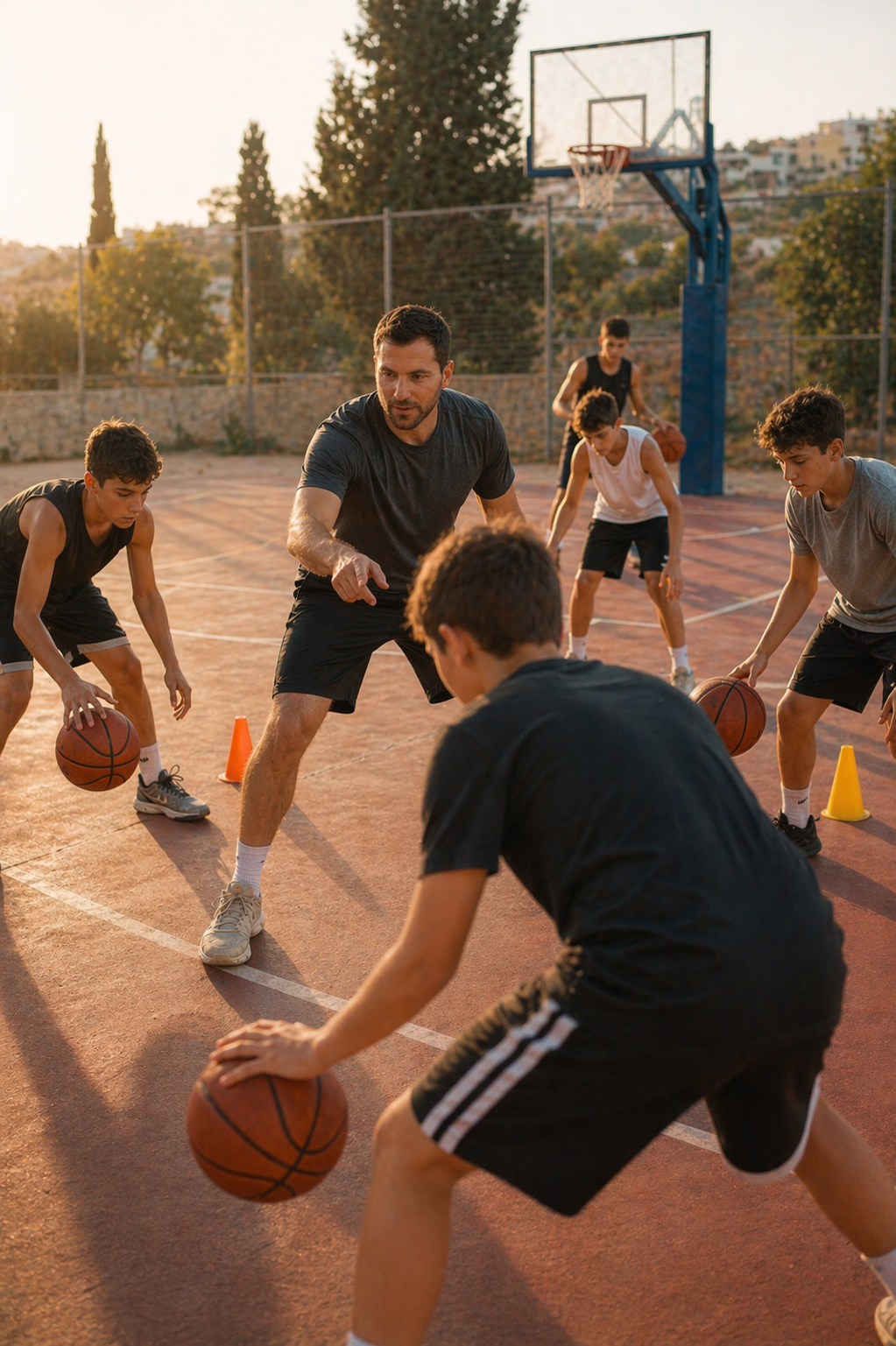 Coach leading a basketball practice under warm light