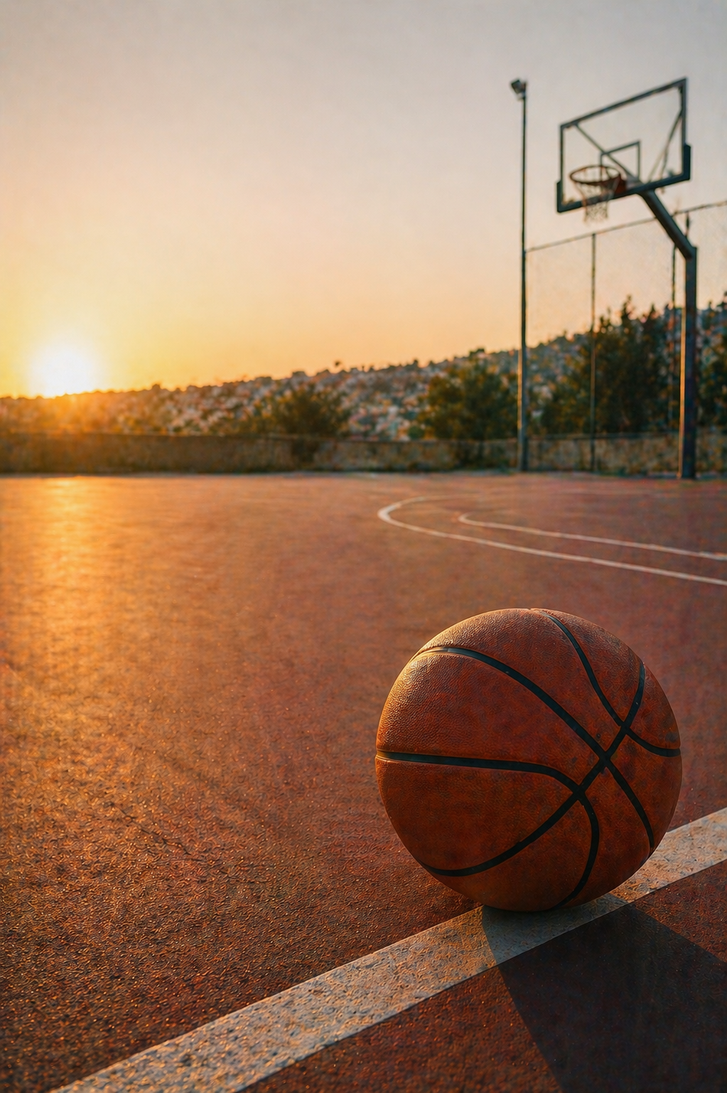Basketball resting on a court at golden hour