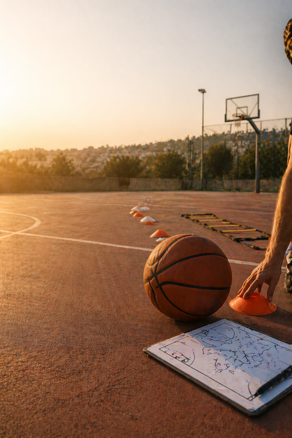 Basketball training setup with cones, ladder, ball, and coach planning board on a court