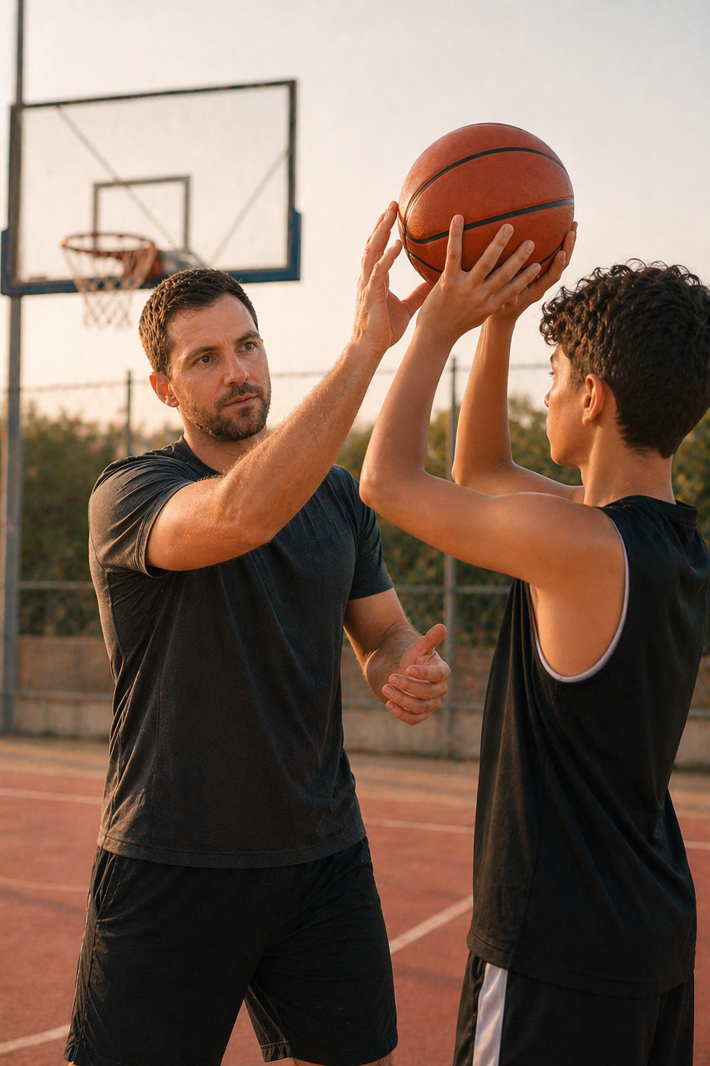 Coach guiding a young player's shot at sunset