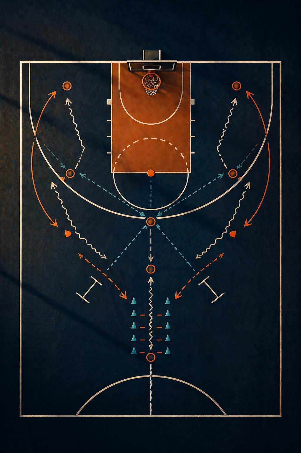Premium basketball play and skills diagram on a dark half court